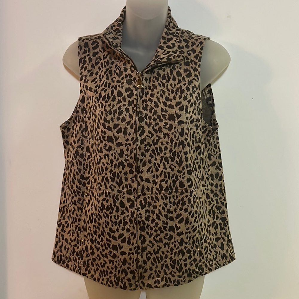 Hot Cotton Women's Full Zip Leopard Print Knit Vest Size Small Collared